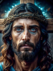 Wall Mural - Jesus Christ and the cross and a crown of thorns on HIS head