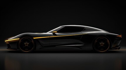 Wall Mural - Sleek black sports car with golden accents side view in darkness