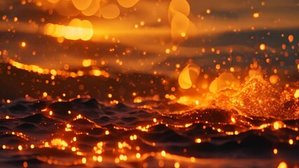 Canvas Print - A close-up view of a vibrant sunset casting a fiery glow over the rippling water surface, Ember-like sparks dancing in a sea of intense heat