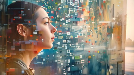 Poster - a painting depicting a woman focused on a computer screen, embrace the digital age by incorporating 
