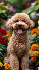 Wall Mural - adorable Poodle sitting in a garden, surrounded by many beautiful flowers.