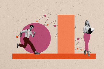 Aufkleber - Composite trend artwork sketch image collage of money arrow graphics workspace success young man run aged woman boss stand hold tablet