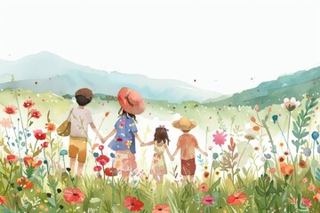 Wall Mural - Children holding hands and walking through fields of flowers