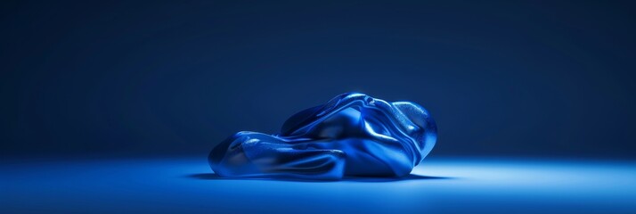 Abstract art piece featuring a glass-made blue woman sculpture, gently embracing herself in a tranquil stance, against a velvety dark blue backdrop, with minimalistic