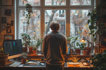 Poster - Man Standing By Window in Home Office With Desk and Plants