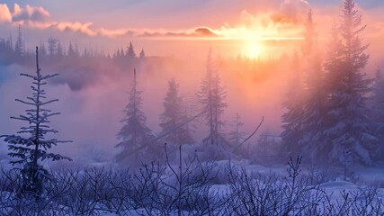 Sticker - Sunrise illuminating snow-covered field in ethereal mist, Ethereal mist diffusing the brightness of dawn