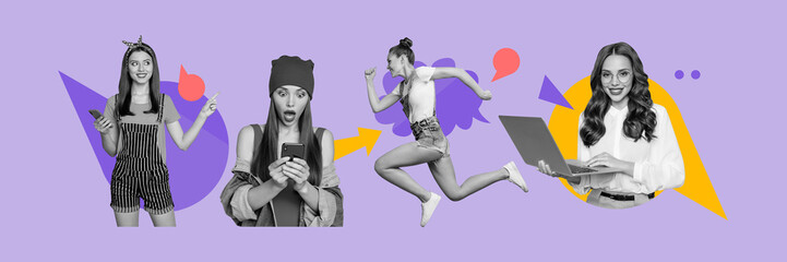 Poster - Creative drawing collage picture panorama of attractive female virtual communication netbook weird freak bizarre unusual fantasy