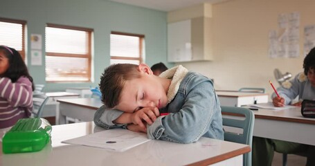 Poster - Boy, tired and classroom for lesson and student, bored and sleep in elementary school. Fatigue, knowledge and project for overworked young person, education and exchange learner with burnout in exam
