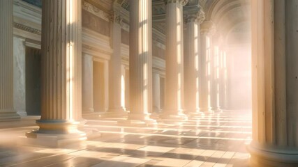 Aufkleber - sunlight shines through tall columns, casting shadows and creating a play of light in a room, experi