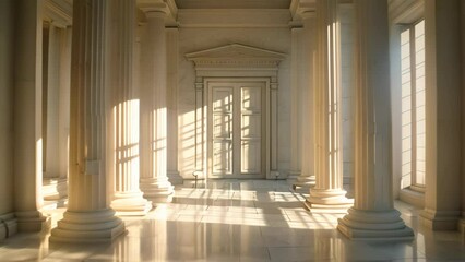 Aufkleber - sunlight streams through windows, casting shadows on columns in a hallway, experiment with light and