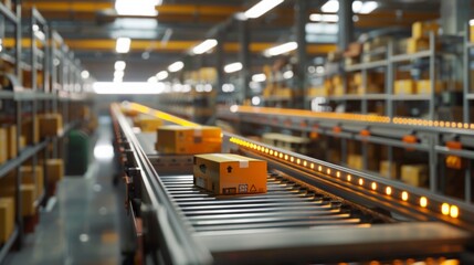 Leinwandbilder - A close-up view of a conveyor belt in a warehouse, with packages moving along it. The belt is illuminated by bright lights, and the shelves in the background are stocked with boxes.