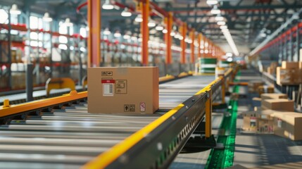 Aufkleber - A cardboard package moves along a conveyor belt in a warehouse. The package is in focus, and the background is blurred.