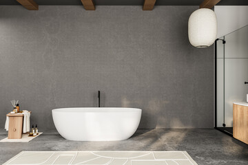 Wall Mural - A bathroom with a white bathtub and a wooden stool. The room is empty and has a modern design