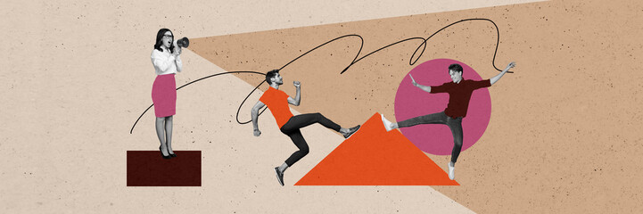 Aufkleber - Composite trend artwork sketch image collage of money arrow graphics workspace success team two young man work lady boss megaphone talk