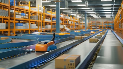 Aufkleber - An automated package sorting system in a warehouse with a blue conveyor belt, orange robotic carts, and brown boxes moving along the tracks.