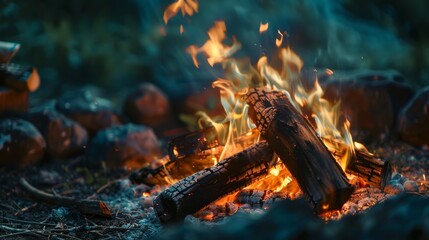 Poster - Campfire close-up with warm, glowing flames and detailed burning logs