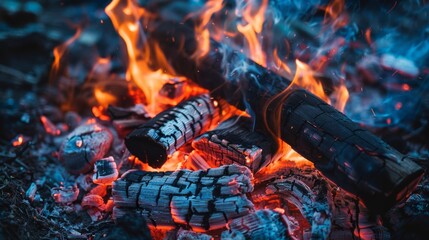 Poster - Campfire close-up with warm, glowing flames and detailed burning logs