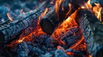 Poster - Campfire close-up with warm, glowing flames and detailed burning logs
