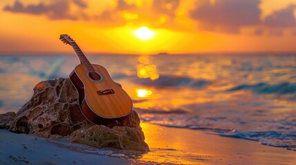 Sticker - Guitar on beach. Generative AI