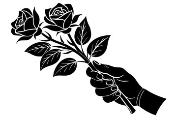 Wall Mural - hand hold the linocut branch rose silhouette vector illustration