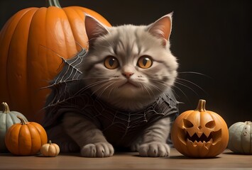 Wall Mural - Halloween card, many pumpkins and a beautiful cat