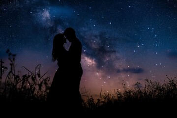 Wall Mural - Couples embracing in silhouette under a starry night sky.