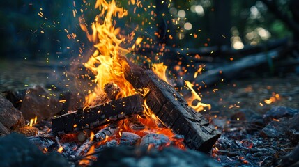 Poster - Intense campfire flames with glowing embers and sparks