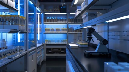 Aufkleber - A modern laboratory interior with a microscope on a workbench in the foreground and rows of shelves with various scientific equipment in the background.