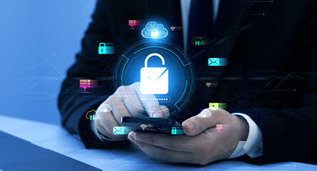 Poster - Cyber security protection concept.Protecting herself from cyber attacks and personal data.Portection data access.