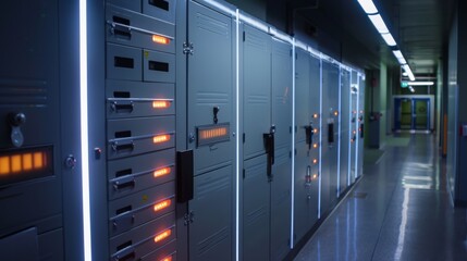 Leinwandbilder - A hallway in a server room with multiple large electrical panels lining the walls. Some panels have warning lights illuminating, indicating potential issues.