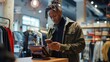 © imagineRbc - A young man with dreadlocks is standing at a retail store counter, looking at his mobile phone. He is wearing a green jacket and a black shirt