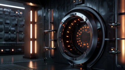 Aufkleber - A futuristic vault door with orange lights illuminates the dark room. The door features a complex design with multiple layers and intricate details.