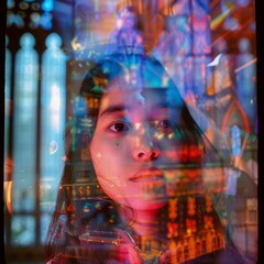 Sticker - Double exposure of an Asian girl