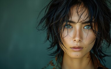 Wall Mural - A young person of Southeast Asian descent with short black hair looks directly at the camera with green eyes. Their skin is lightly freckled, and their hair is slightly damp