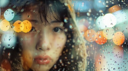 Sticker - Double exposure of an Asian girl and a rainy window.