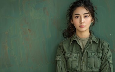 Wall Mural - A young adult, who identifies as bigender, looks directly at the camera. They are wearing a green button-up shirt and are standing in front of a green wall