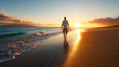 © fotogurme - Man strolling along a quiet beach at sunrise, embodying slow living with warm, serene hues