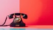 © Katarina - A classic vintage rotary dial telephone placed against a vibrant background divided into pink and red sections, highlighting retro communication technology.