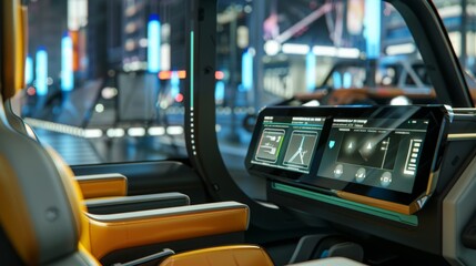 Poster - The interior of a futuristic car featuring a large digital display with an advanced interface. The seats are comfortable and the design is sleek and modern.