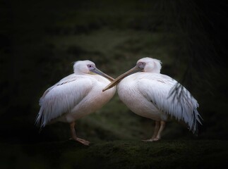 White pelicans standing face to face in a dark, natural setting