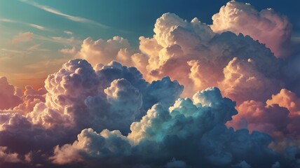pastel colors fluffy cloudscape at sunset, light and dark beautiful combo of clouds