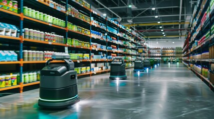 Aufkleber - Several autonomous robots navigate the aisles of a grocery store, showcasing the future of retail automation.