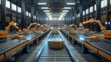 Fototapete - An automated warehouse with robotic arms sorting packages on conveyor belts.