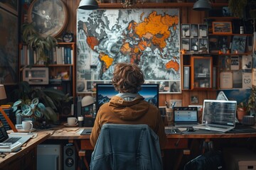 Poster - person working at a desk with multiple screens in a home office