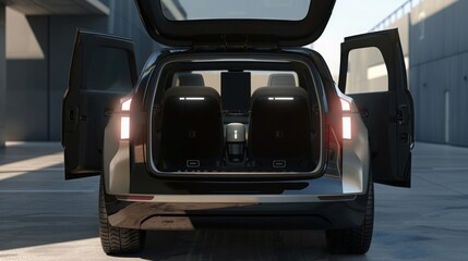 Aufkleber - This is an image of the back of a black SUV with the trunk open. The doors are open, and the trunk is empty.