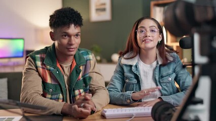 Aufkleber - Man, woman and together in apartment for podcast on social media, talk for broadcast or live streaming. Male influencer, female vlogger and communication with information for content creation or show