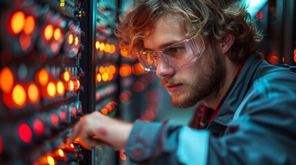 Poster - Technician Working on Server Racks in Data Center at Night