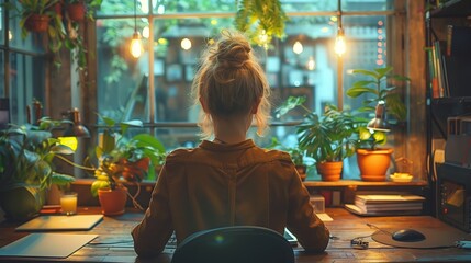 Poster - Woman Working At Desk By Window In Evening