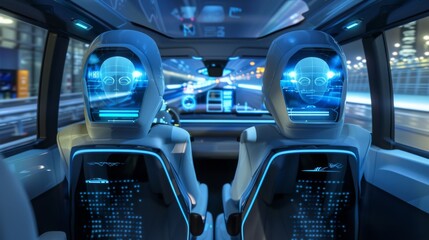 Poster - Futuristic autonomous car interior with digital head displays on front seats, showcasing self-driving technology. Traveling at night, city view outside.