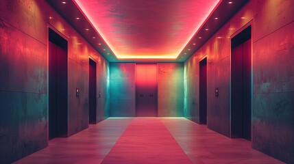 Poster - empty hallway with neon lights and multiple elevator doors in modern building
